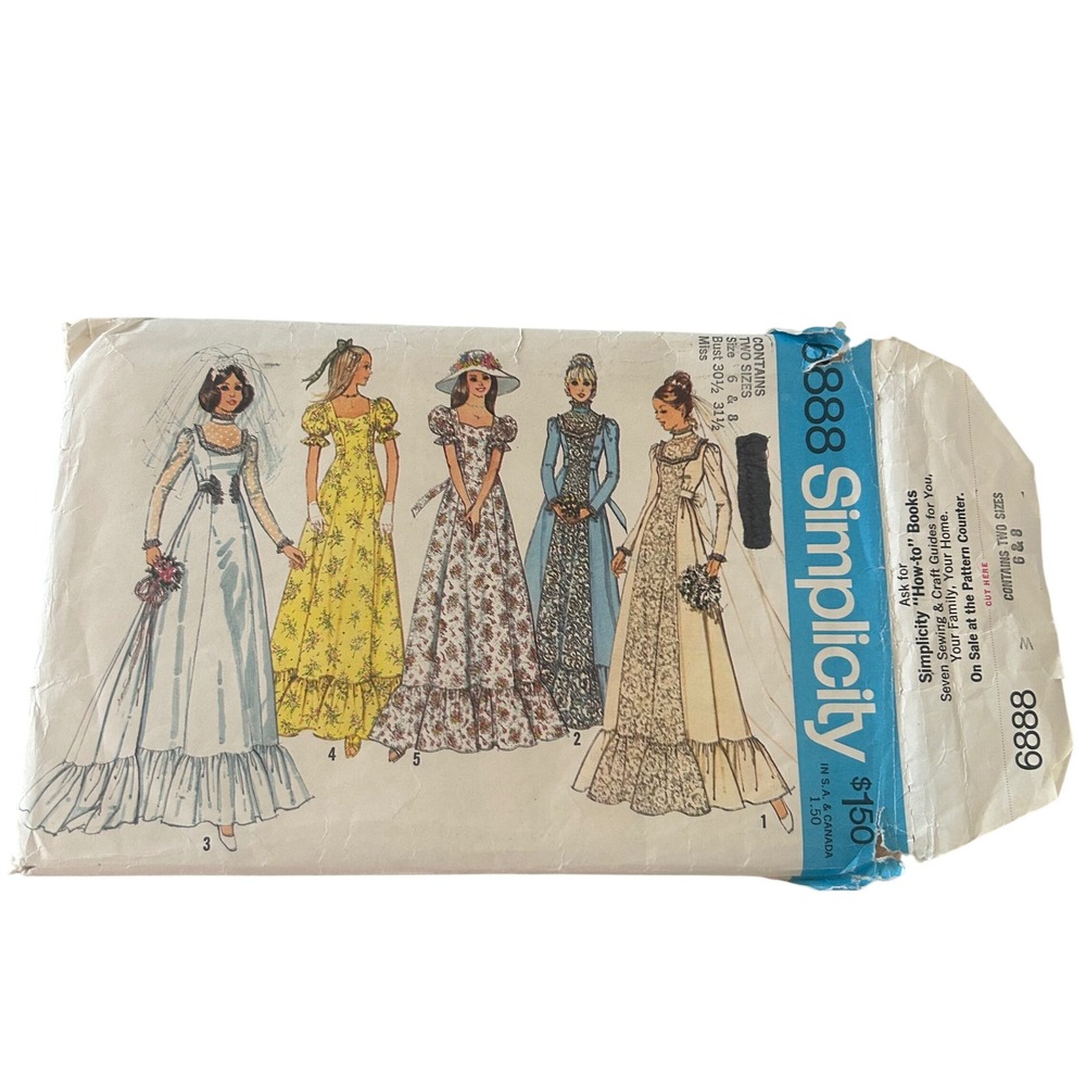 Simplicity 6888 Sewing Pattern Misses Size 6 8 White Vintage 1975 Bridal Prom